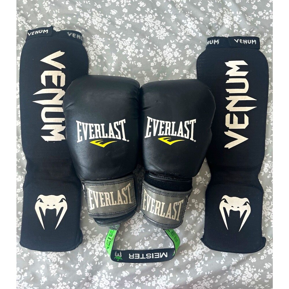 Everlast Boxing Gloves w/ Venum Shin Guards MMA Set Black Red White Gray Used